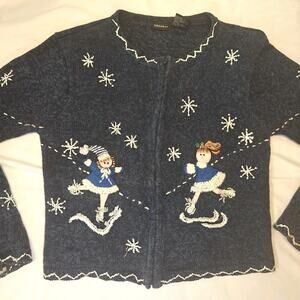 Parisian PKC Kids L 14 Ugly Sweater Holiday Blue Christmas Winter Snow Embroided